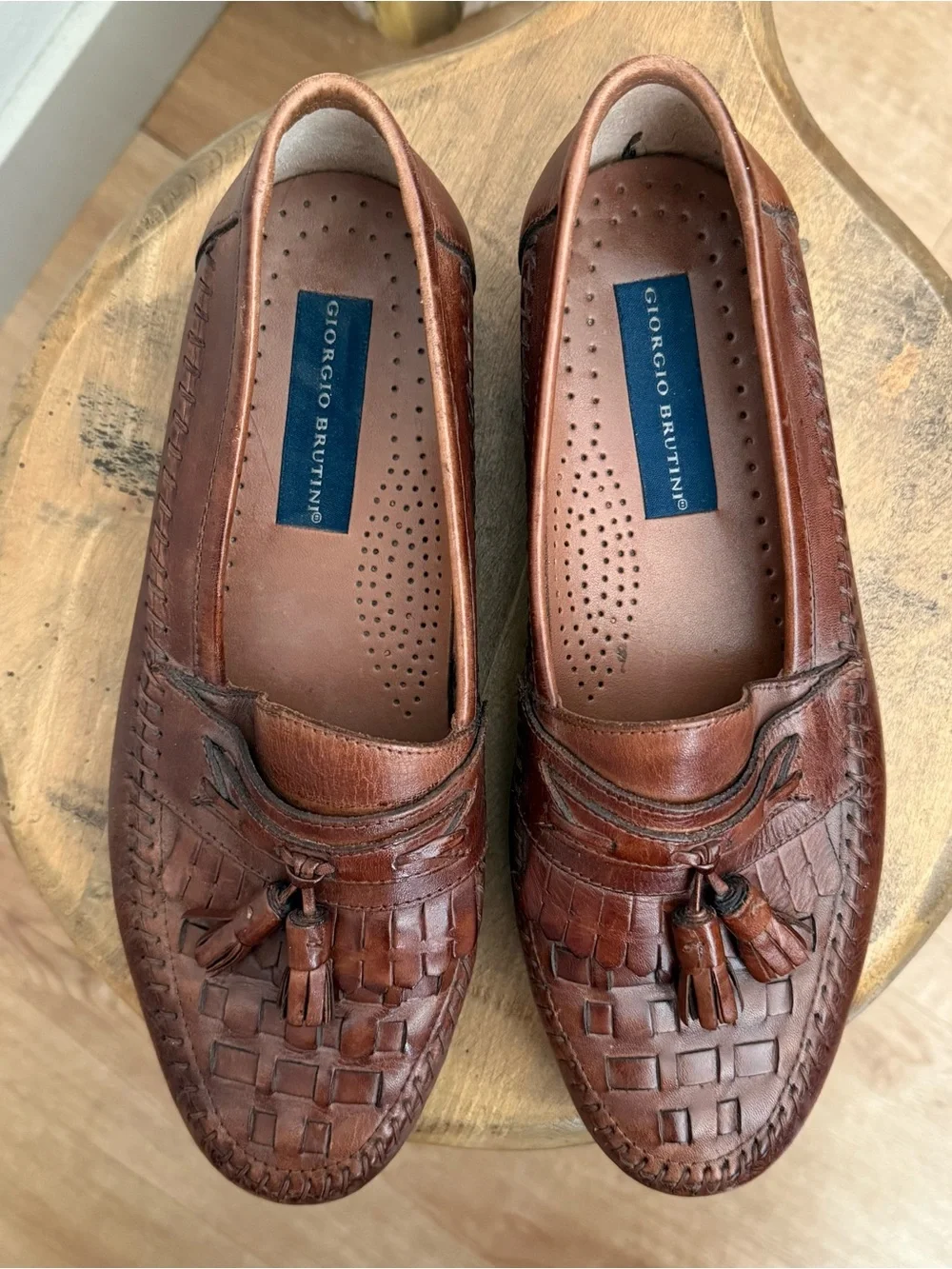 Vintage 80s 90s Woven Brown Leather Tassel Loafers Giorgio Brutini ~ Size 8